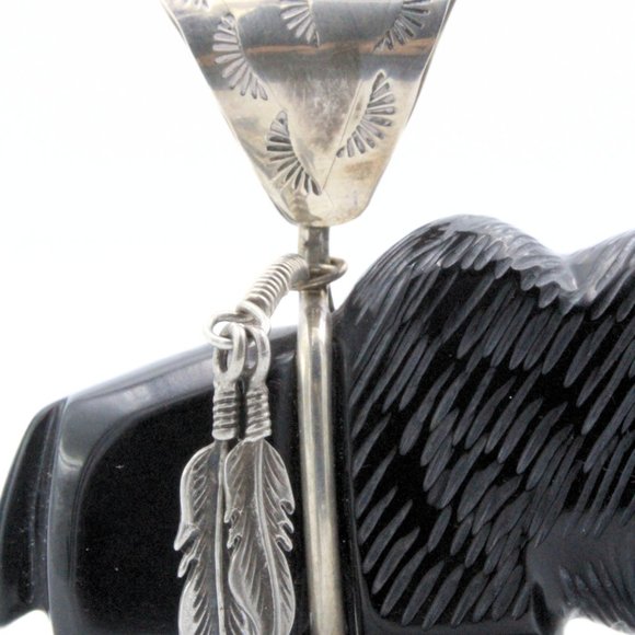 Vintage Zuni Buffalo Fetish Sculpted Onyx 2" Large Sterling Silver Pendant - Picture 5 of 9